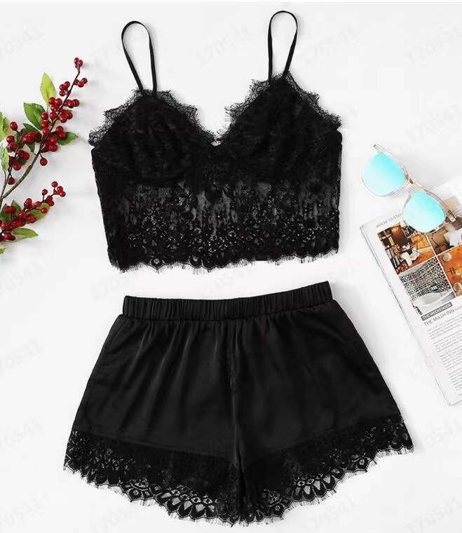 Sheer Mesh Lingerie Two-Piece Set - Sexy Lace Trim Chemise & Shorts For Women (14 Colors, S-XXXL)_voghion.com
