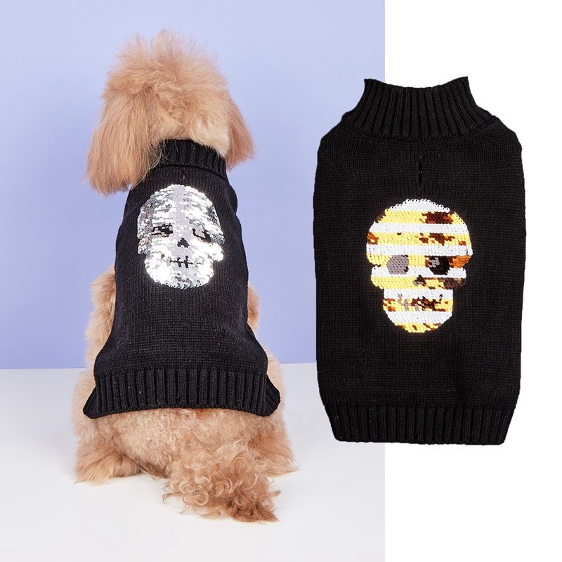 Pet Halloween Funny Costume Black Skull Gold Silver Sequin Embroidered Knitted Lapel Design Sweater_voghion.com