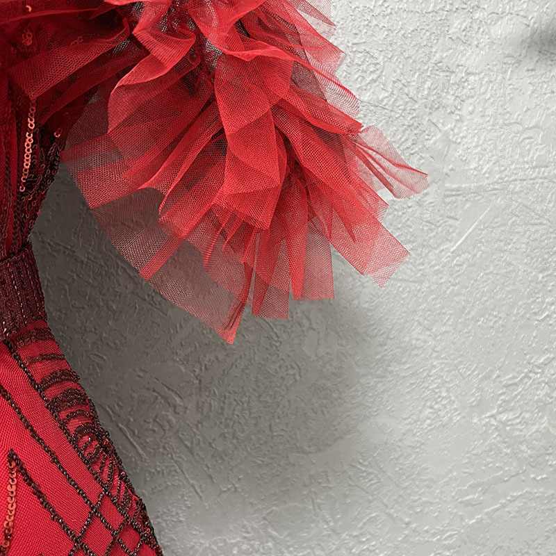 Paillettenkleid für Damen, schmal geschnittener Fischschwanz-Langrock, Bubble-Mesh-Ärmel, modische Abendgarderobe_voghion.com
