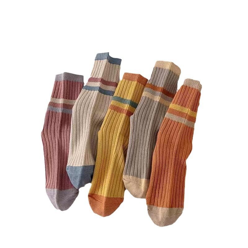 2025d Spring And Autumn Mid-Calf Soft Comfortable Versatile Color-Block Vertical Striped Sports Trendy Women's Socks_voghion.com