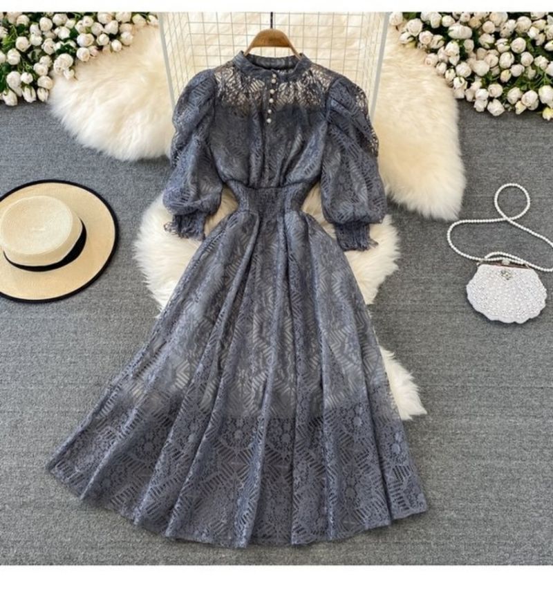 Damen Taille Schlank Puffärmel Spitzenkleid Bohemian Strand Urlaub Langer Rock für Damen_voghion.com