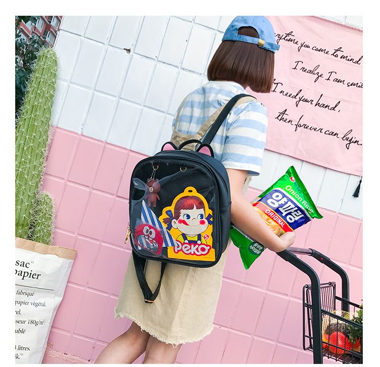 Zaini in pelle con orecchie di gatto adorabili Borsa trasparente color caramello Borse a tracolla da donna Zaino da viaggio per ragazze adolescenti_voghion.com