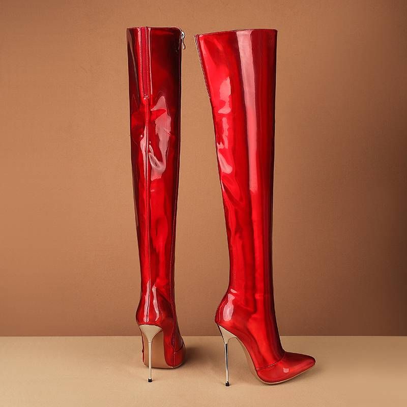 Krazing Pot Scarpe in microfibra Autunno Inverno Tacchi Altissimi Grandi Dimensioni 46 Designer Europeo Tieni al Caldo Stivali Sopra il Ginocchio_voghion.com