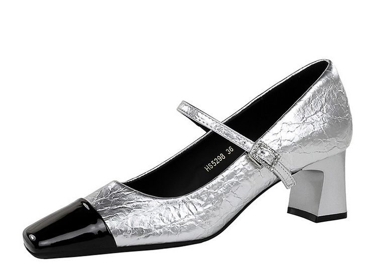 Women's shoes diamond-in-line with square head chunky mid-heel leather color patchwork single shoes_voghion.com