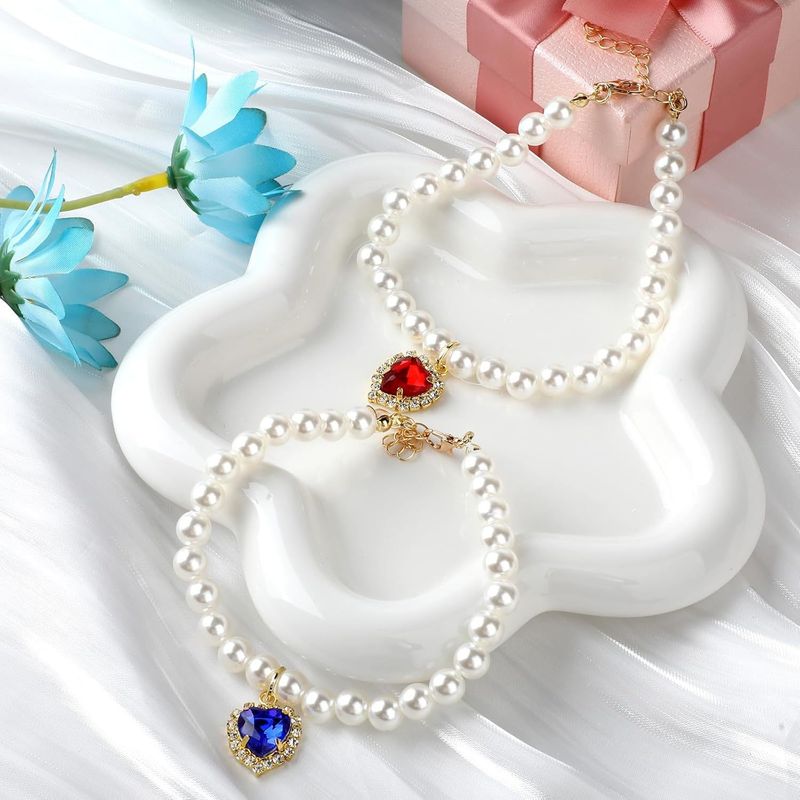 Collana in stile principessa di perle con ciondolo a forma di cuore colorato con strass, collare per animali domestici con dopamina per gatti e cani_voghion.com