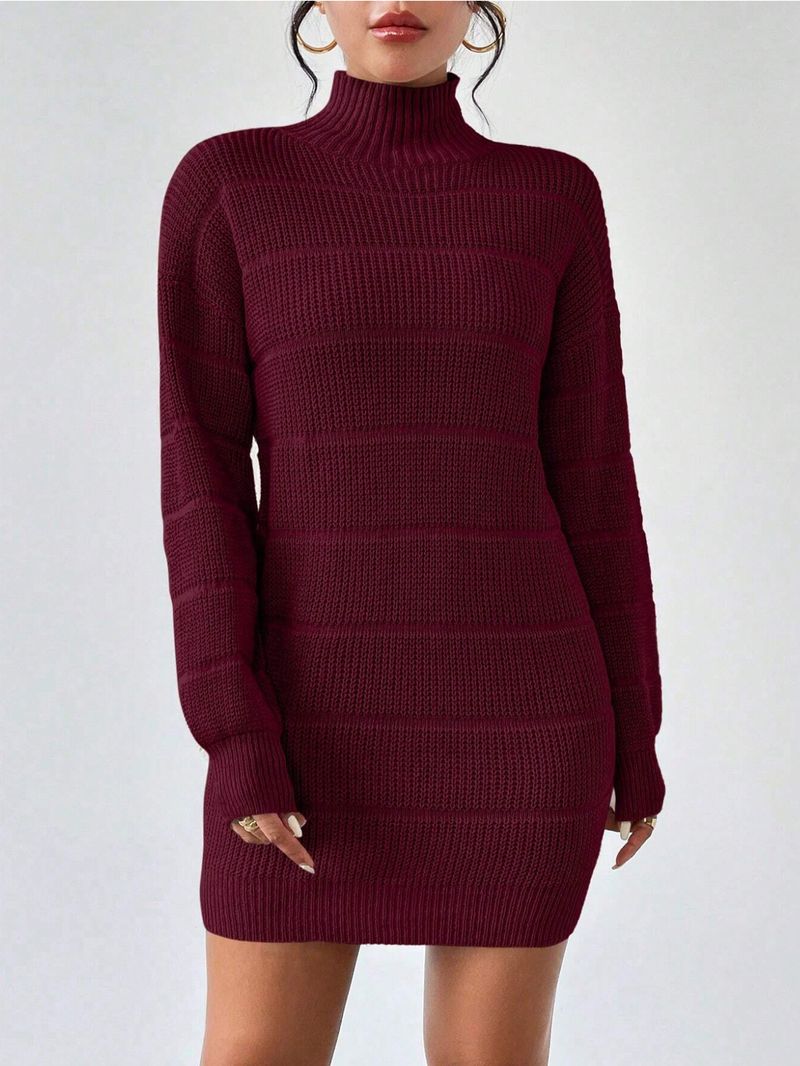Slim-Fit Ribbed Knit Dress – Versatile Mock Neck Long Sleeve Bodycon Dress For Women (Black/White/Wine, S-XL)_voghion.com