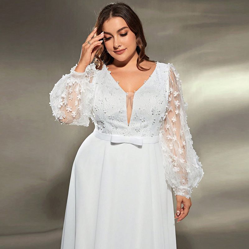 Elegantes Abendkleid mit V-Ausschnitt und langen Ärmeln für Damen – Abendkleid in Übergröße für Hochzeit, Bankett und Party_voghion.com