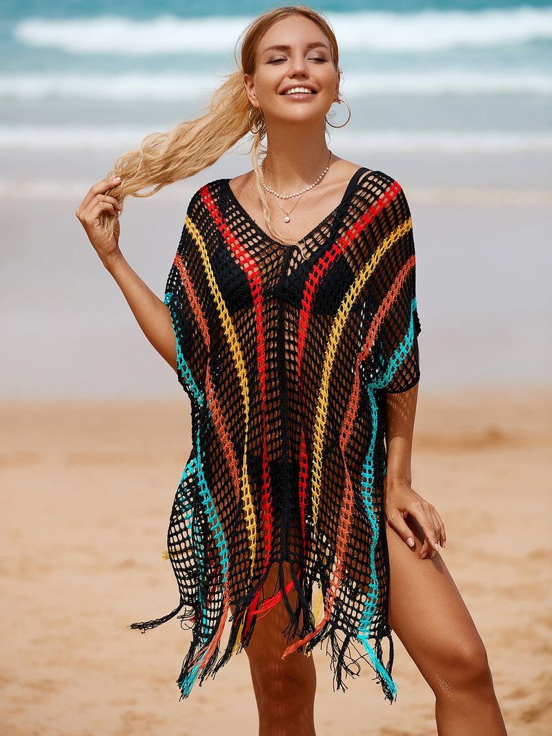 Damen Strandüberwurf, gestrickt, Regenbogenfarben, Urlaubsüberwurf, Strickpullover_voghion.com