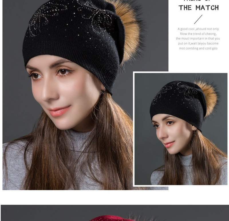 Women's Winter Fur Raccoon Ball Warm Hot Diamond Hollow Butterfly Knitted Versatile Fashion Pullover Hat_voghion.com