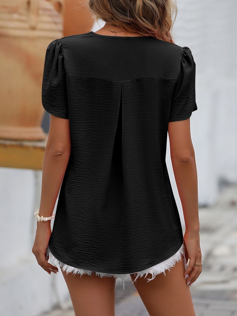 2024 Summer New Women's Casual V-neck Chiffon Puff Sleeve Elegant Blouse_voghion.com