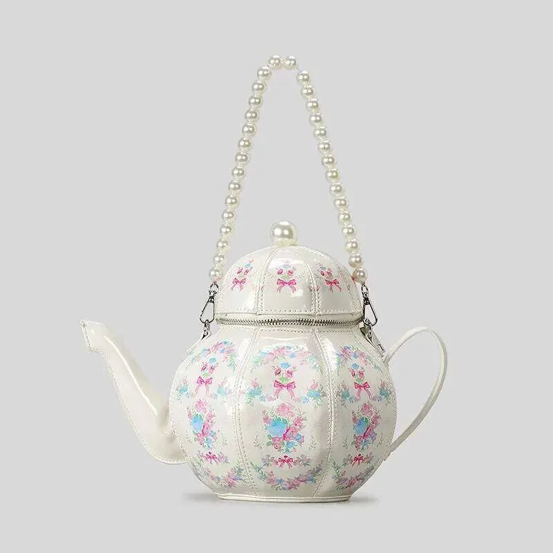 Bags Creative Vintage Printed Teapot Design Women Handbags Pearls Chains Shoulder Designer Crossbody Small Buckets Bag_voghion.com
