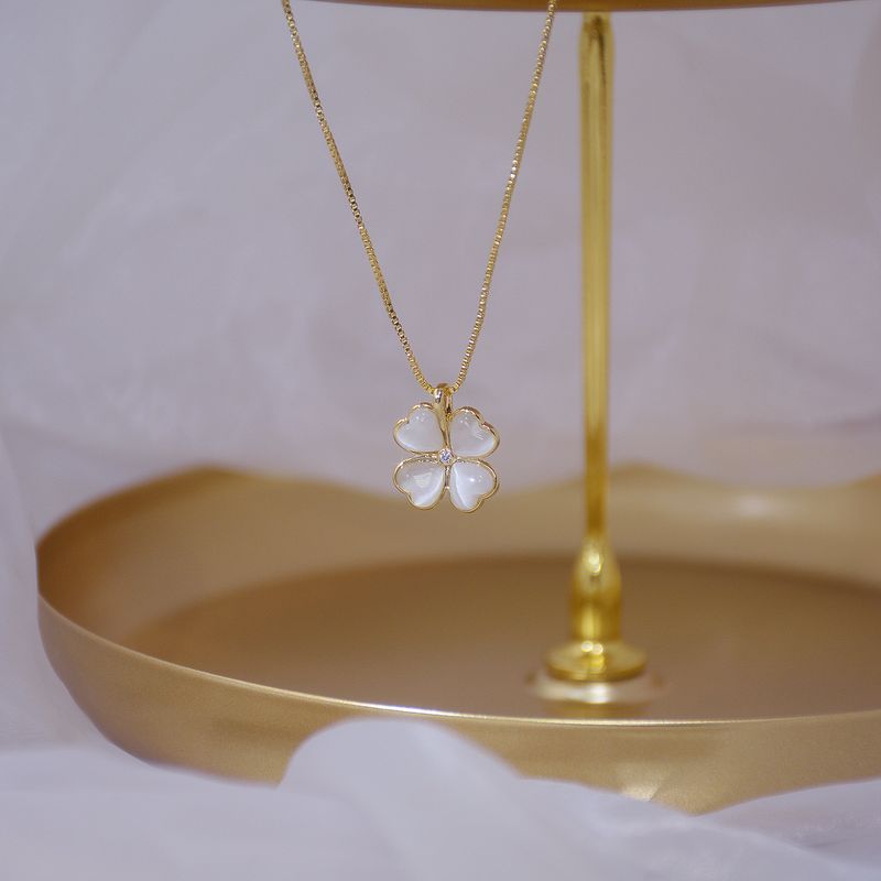 C428 Corea del Sud East Gate 14k Oro Occhio di Gatto Squisito Design a Quattro Foglie di Trifoglio Temperamento Semplice Clavicolare Femminile_voghion.com