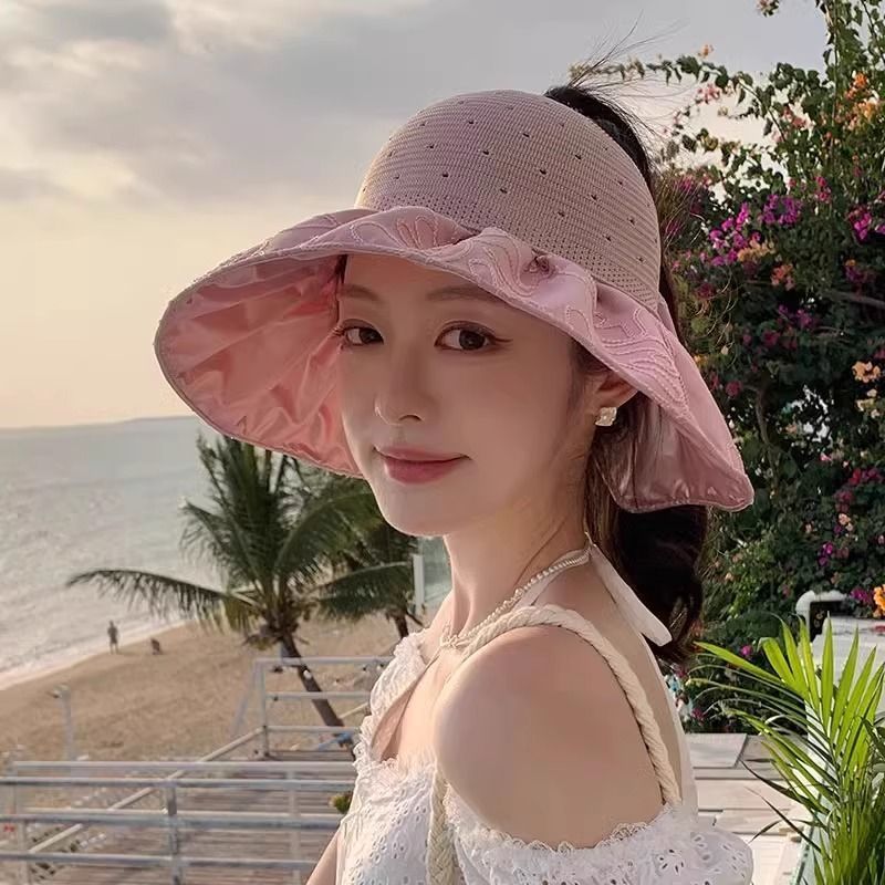 Cappello da sole da donna con protezione UV, per le vacanze al mare, con possibilità di annodare la coda di cavallo, cappello a cilindro vuoto, versatile cappello da sole con tesa larga_voghion.com