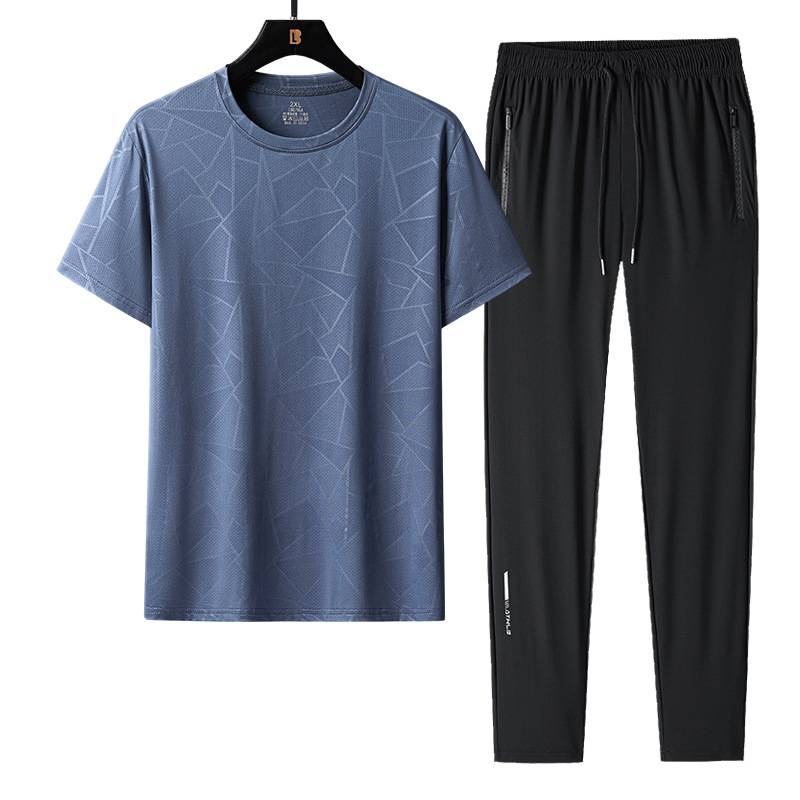 Men's Ice Silk Quick-Drying Suit Middle-Aged Men's Ice Silk Short-Sleeved T-Shirt Large Size Loose Casual Trousers Sportswear_voghion.com