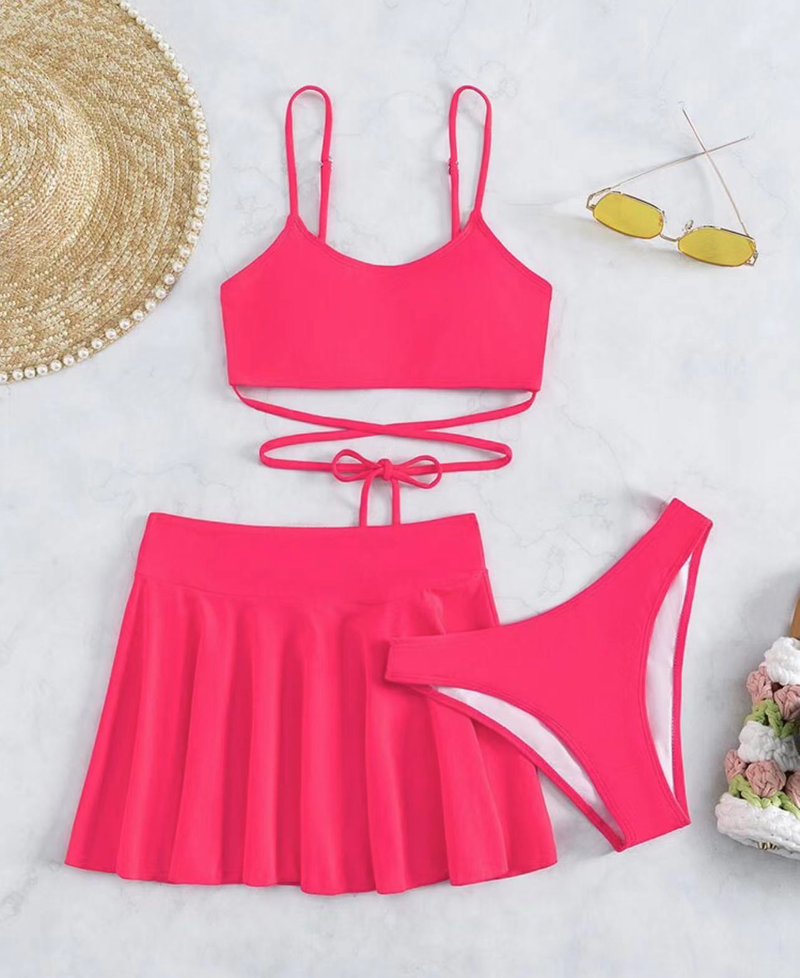 Damen einfarbig modischer geteilter Badeanzug Bikini und Rock dreiteiliger Badeanzug_voghion.com