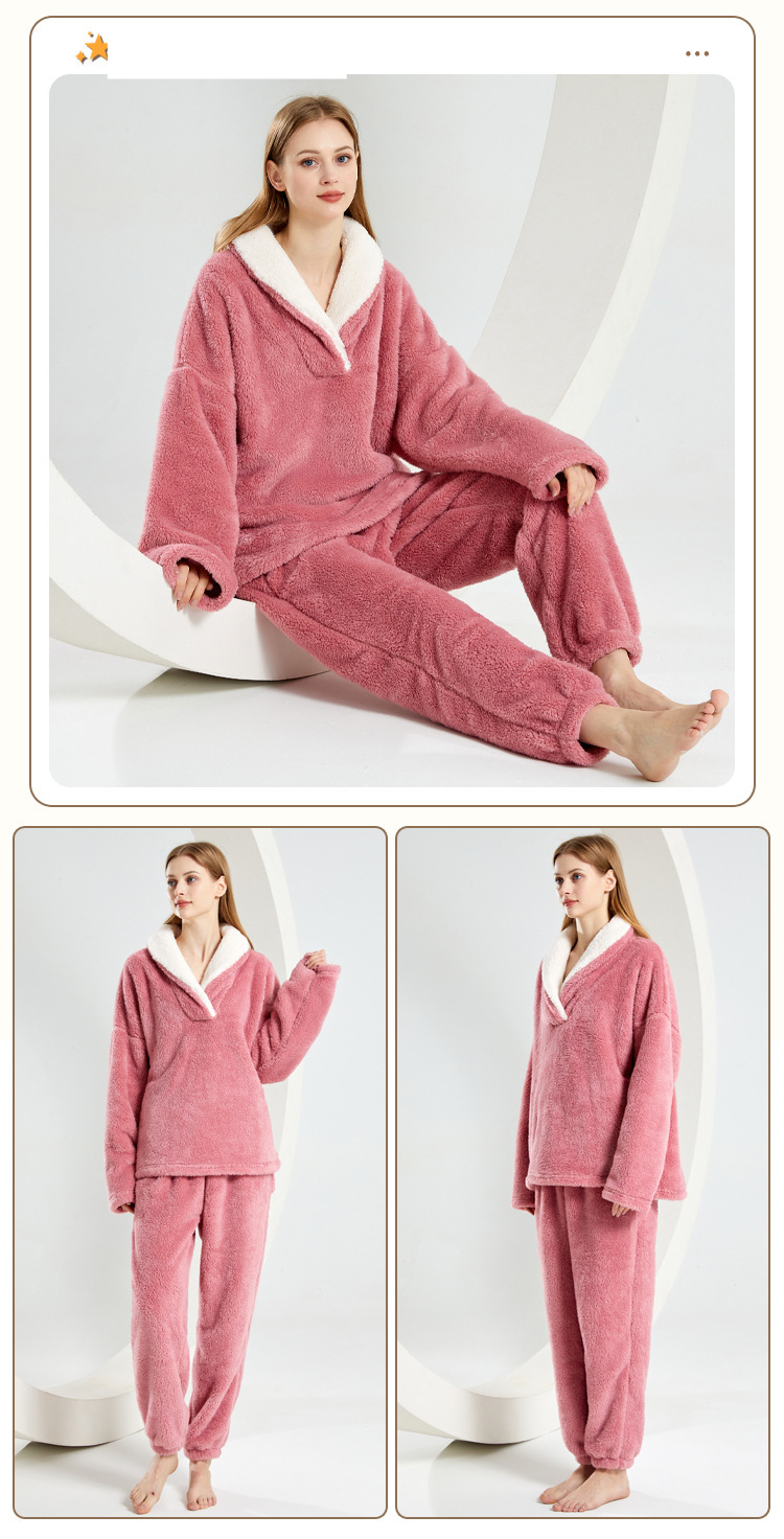 Verdickter, bequemer Pyjama aus Baumwollsamt für Damen, große Größe, warme Hauskleidung aus Korallenfleece_voghion.com