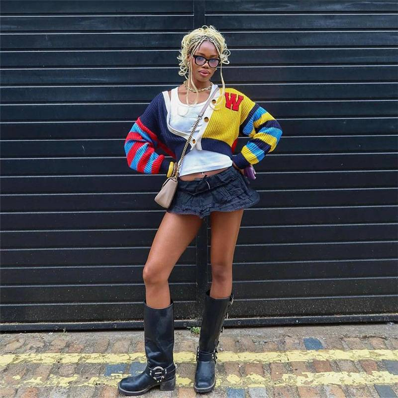 Damski, swobodny, kolorowy sweter z dzianiny z literami i guzikami, krótki rękaw, długi rękaw, modny top w stylu streetwear_voghion.com