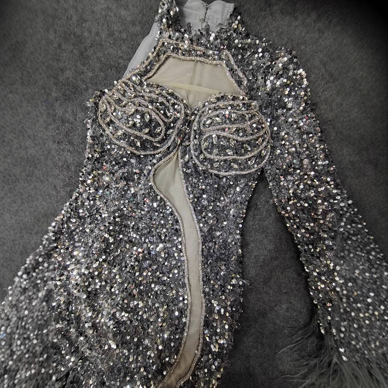 Elegant V-Neck Long Sleeve Bodycon Evening Dress With Slit & Glitter For Parties, Banquets, And Special Occasions_voghion.com