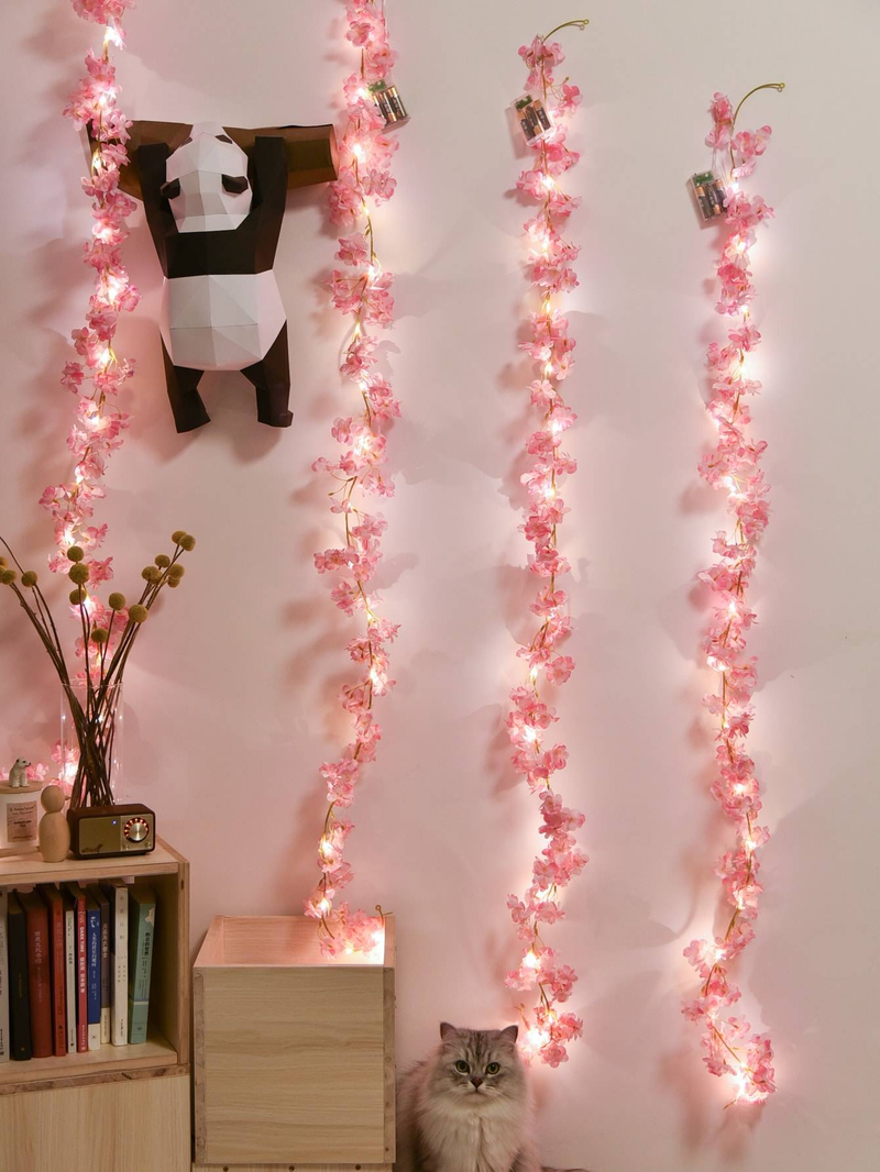 Pink Cherry Blossom LED String Lights,Battery-Powered,Switch-Controlled,Floral Decor For Bedroom,Fireplace,Staircase,Party,WeddingChristmas,Halloween_voghion.com
