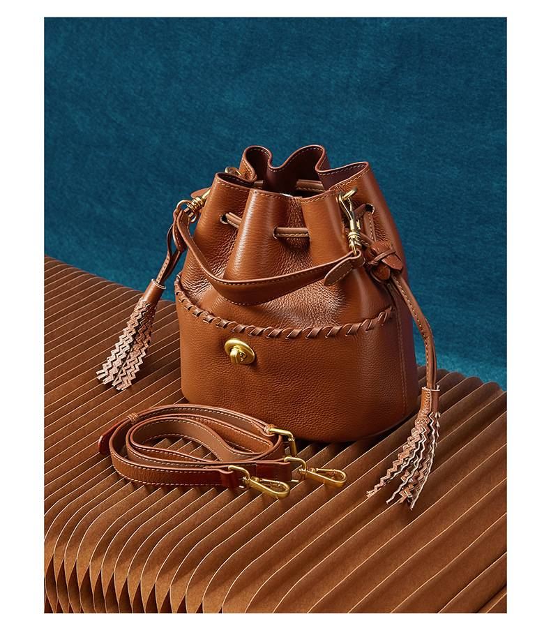 KOSE High-grade First-layer Cowhide Bucket Bag New Genuine Leather Women's Bag Tassel Niche Drawstring Shoulder Messenger Bag_voghion.com