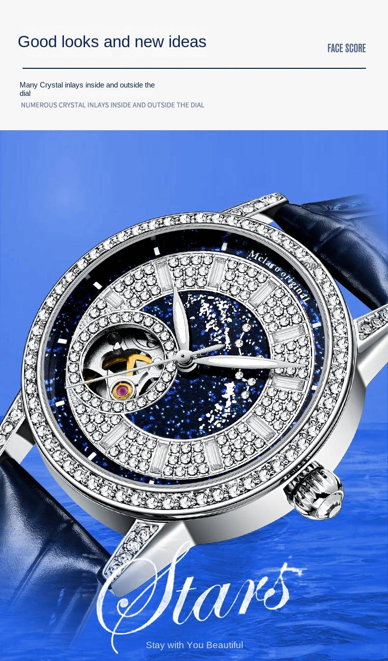 Mechanische Damenuhr der McLaro Infinite Universe-Serie – Schwarzer Schwan, blaues Diamantzifferblatt, Armband aus echtem Leder_voghion.com