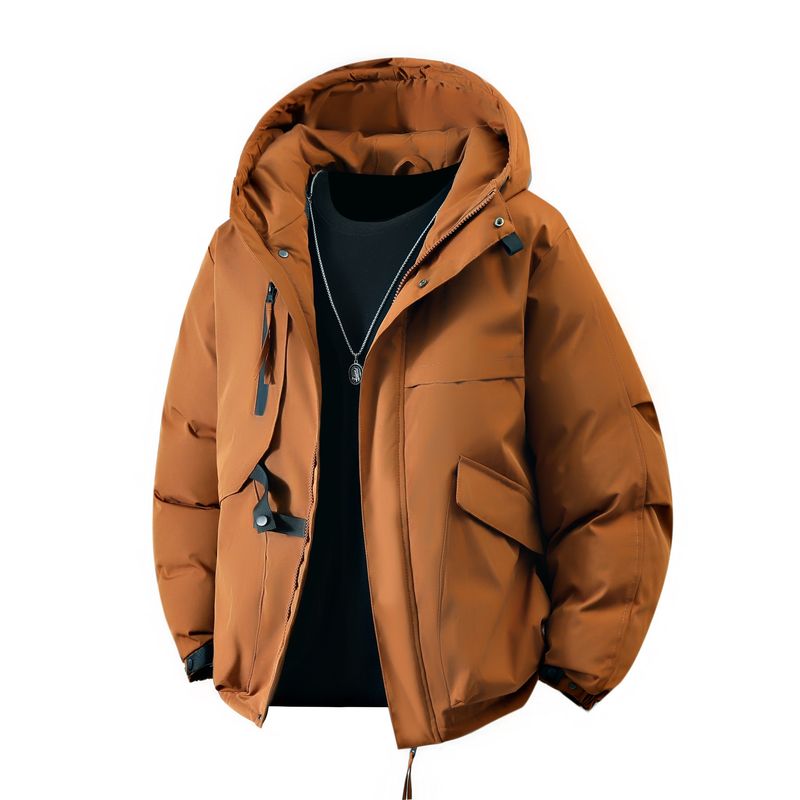 Unisex Winter Parka With Windproof Design - Thickened Polyester Puffer Jacket For Couples, Multi-Pocket Outdoor Coat In Red/Black/Caramel_voghion.com