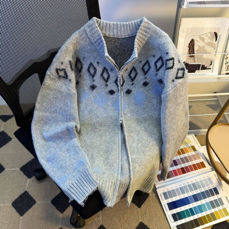 Fair Isle Örgü Fermuarlı Hırka - Erkekler İçin Vintage Gri Elmas Desenli Kazak_voghion.com