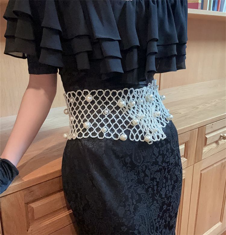 Damen Einzigartiger handgewebter Gürtel Elastischer breiter Gürtel Perlen Taillenschmuck 2025 Frühling und Sommer Neu_voghion.com