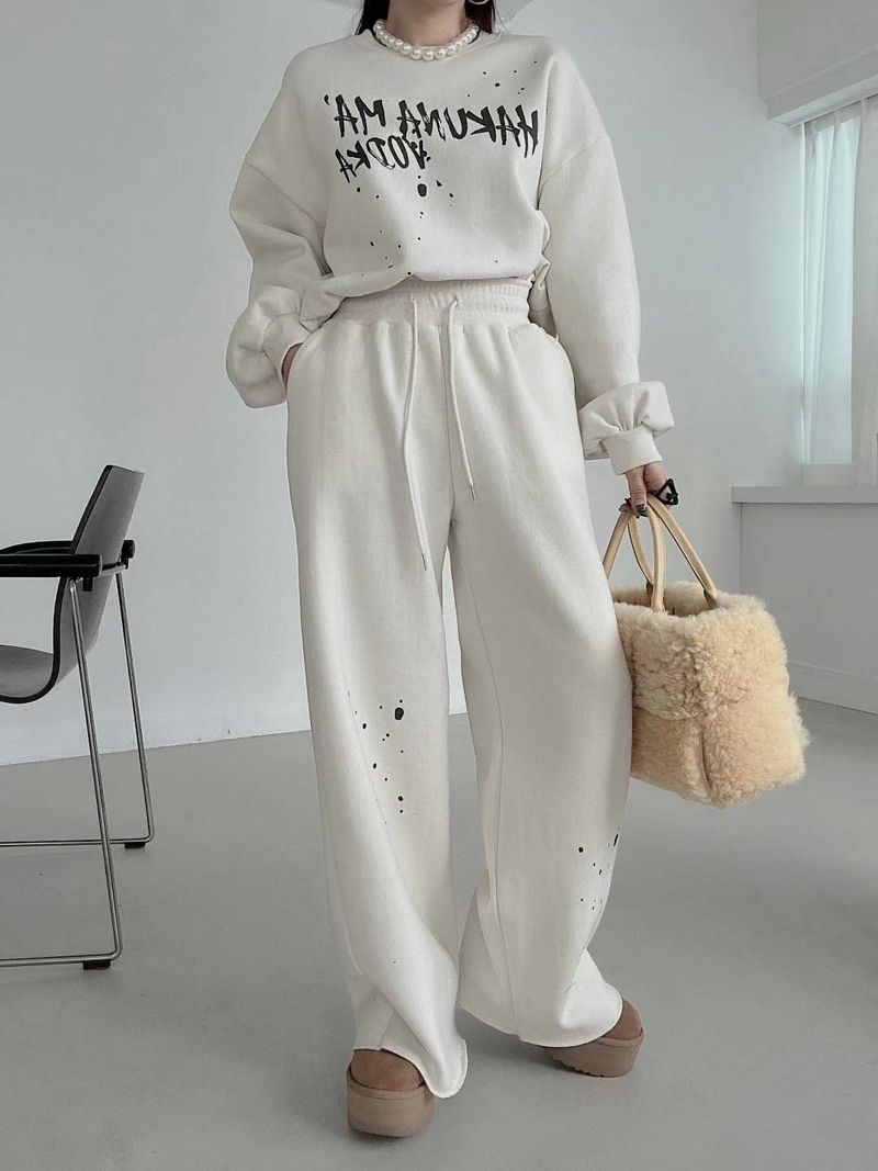 Korean Chic Winter Set – Oversized Letter Print Sweatshirt & High-Waist Drawstring Pants (XL, Charcoal Grey)_voghion.com