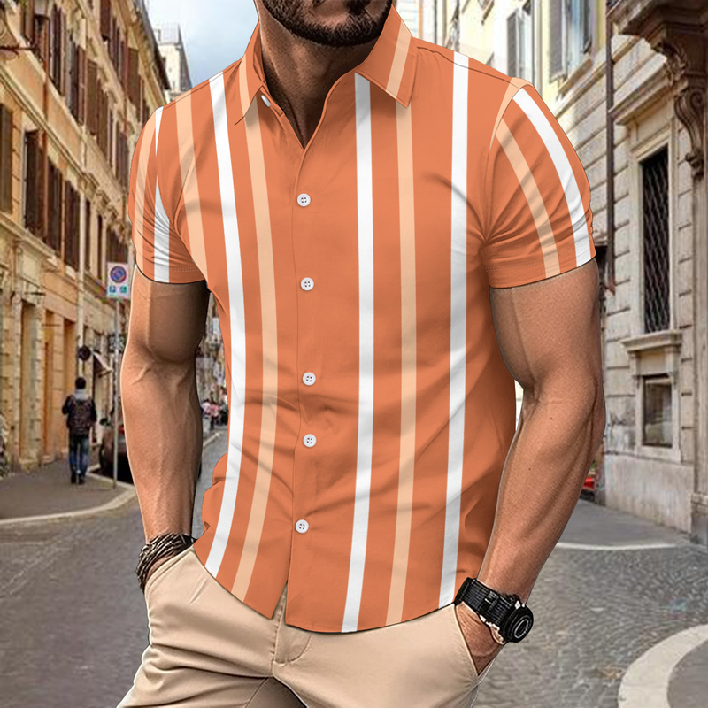 Camicia a maniche corte da uomo casual stampata a righe 2024_voghion.com