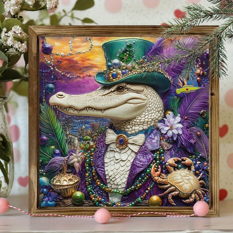8x8 Karnevalsschild aus Holz – Mardi Gras Party-Dekor für Schreibtisch/Wohnzimmer/Büro, lebendiges gerahmtes Urlaubsgeschenk_voghion.com