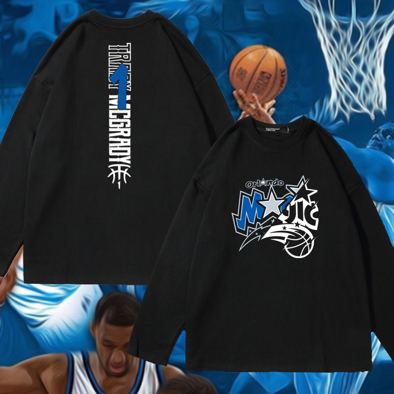 Stampa fronte-retro e basket verticale Magic Team McGrady T-shirt a maniche lunghe per uomo e donna in puro cotone_voghion.com