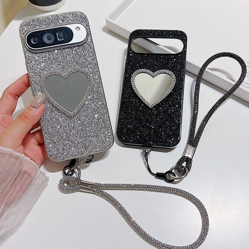 Bling Glitter Sequins Slim Case For Google Pixel 10 Pro XL 9Pro XL 8A 8 Pro 7A 7Pro 6Pro Love Mirror Makeup Shining Strap Cover_voghion.com