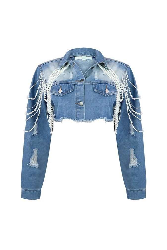 Women's Clothing Denim Jacket Women's Fashion Pearl Chain Handmade Beaded Denim Jacket_voghion.com
