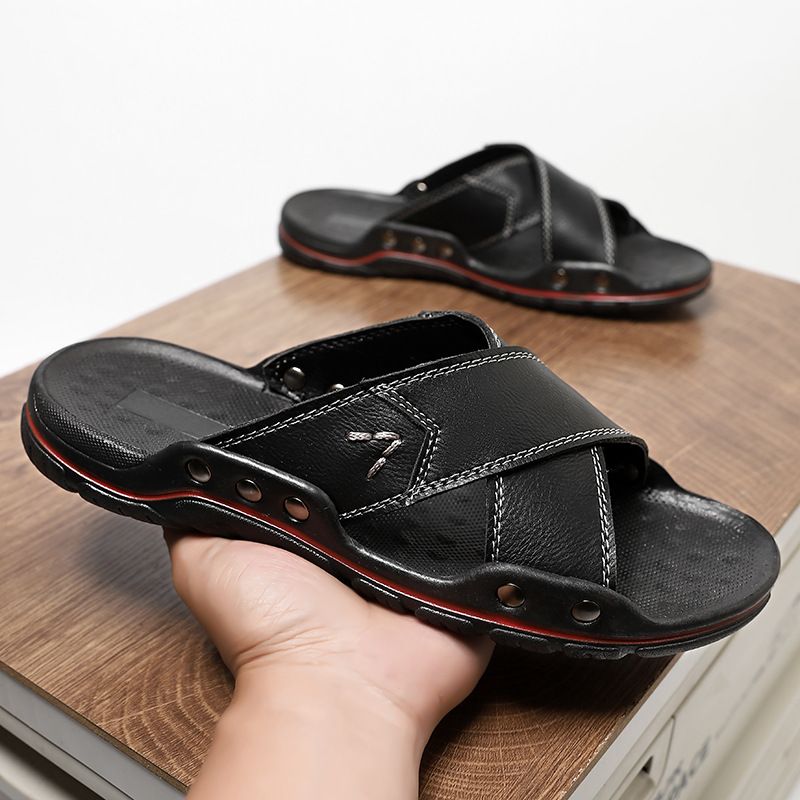 Hausschuhe, Größe 47-48, Echtleder One Line Slipper, Sommer Anti Slip, Outdoor Wear, Strand Herren Sandalen, Hausschuhe_voghion.com