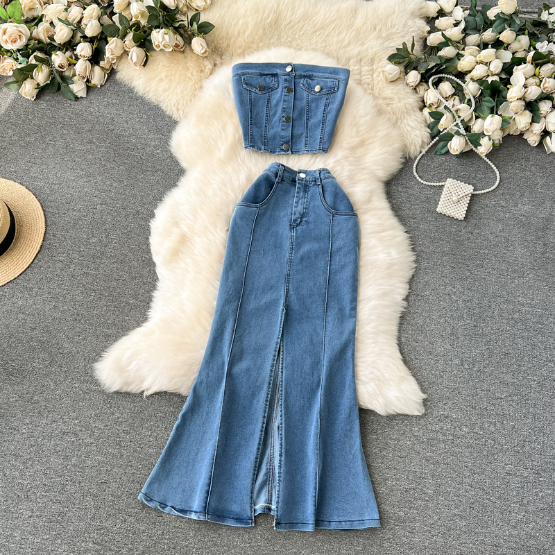 Kvinders jakkesæt i retro-feriestil i Hong Kong-stil sexet kort rørtop + højtaljet split denim-nederdel i todelt jakkesæt_voghion.com