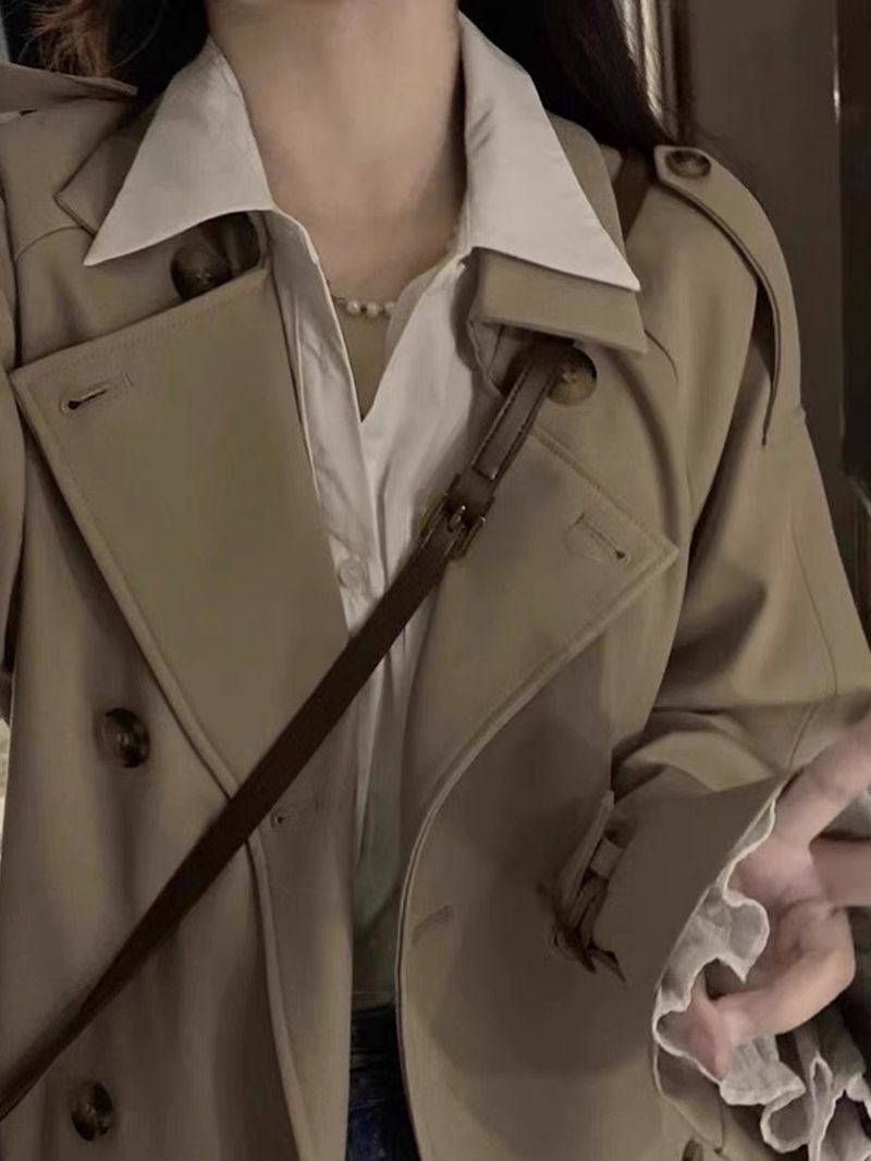 Damen-Trenchcoat – Übergroßer langer Mantel mit Prinzessärmeln, zweireihiger Knopfleiste, Khaki/Schwarz, Petite & Plus Size Friendly_voghion.com