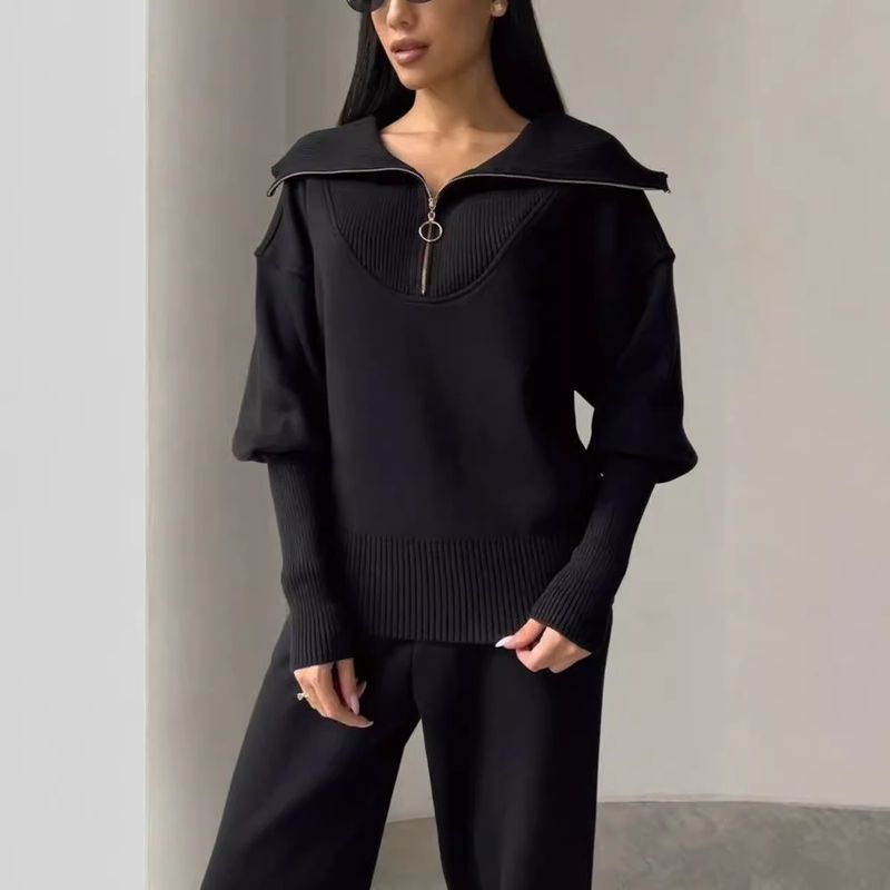 Women's Clothing Autumn and Winter Temperament Casual Solid Color Zipper Sweater Two piece Set_voghion.com