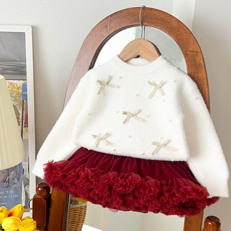 Gonna tutù con fiocco di perle e scollo rotondo in stile coreano, stile autunno e inverno 2025, in maglia, per ragazze_voghion.com