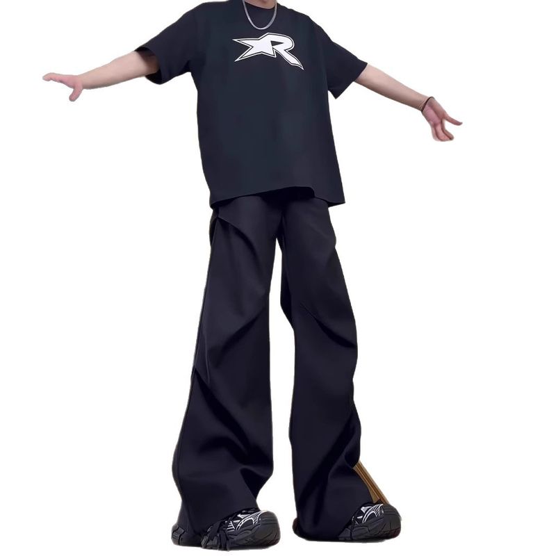 Amerikanische High-Street-Hose, plissiert, drapiert, einfarbig, Unisex, lässig, leicht ausgestellt, hochwertiges Design, Cleanfit-Hose_voghion.com