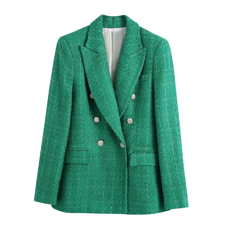 TRAF Cappotto blazer verde doppio petto in tweed moda donna Cappotto vintage a maniche lunghe con patta Capispalla femminile Chic Veste_voghion.com