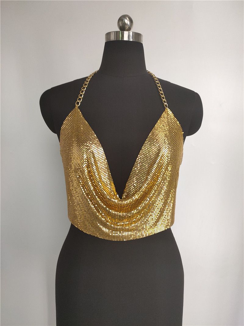 Gilet con paillettes e diamanti in stile discoteca sexy con catena in metallo, scollo a V e scollo all'americana_voghion.com