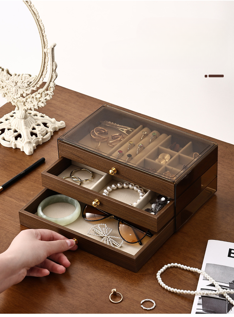 Joyero multifuncional tres en uno de madera maciza con cajón, color nogal, resistente al polvo y a la humedad._voghion.com