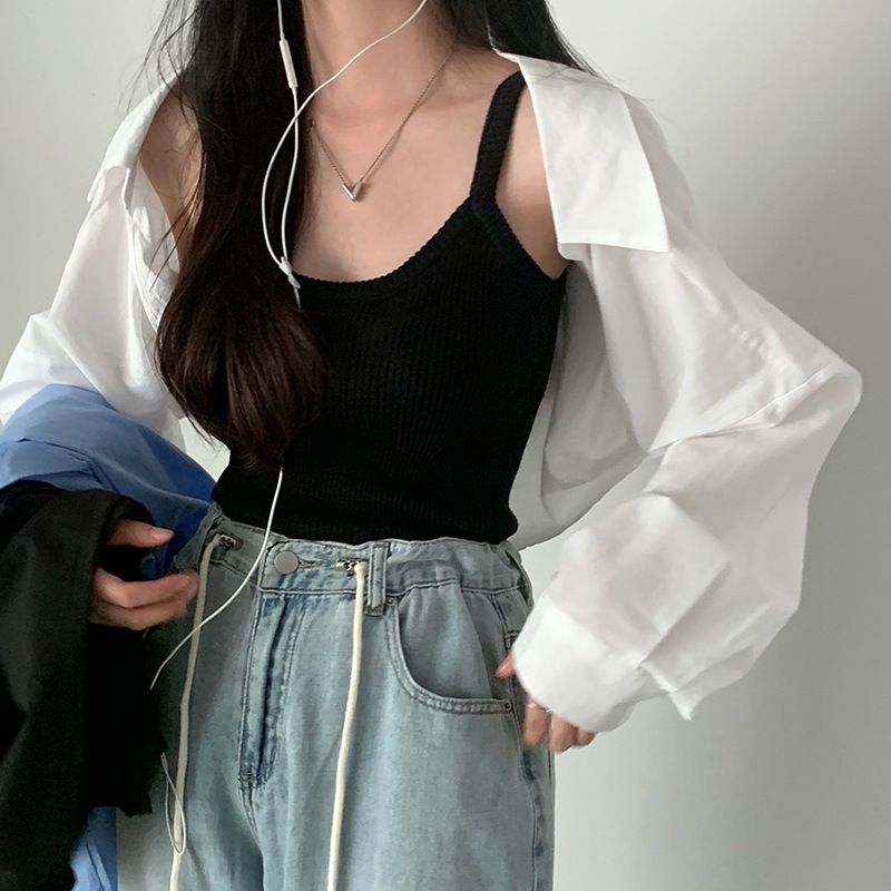 Shirt ultra short shirt sunscreen summer new solid color loose basic versatile cover up small jacket_voghion.com