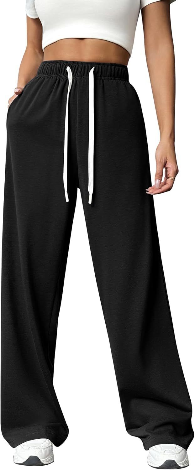 Women's Clothing High Waist Wide Leg Lounge Pants With Drawstring & Pockets - Soft Stretchy Polyester Athletic Casual Trousers For Workout_voghion.com