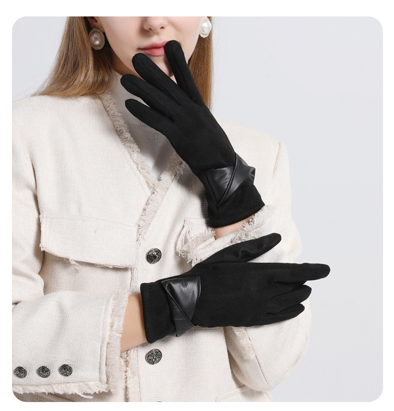 Guantes cálidos de lana de cuero Elegancia de las mujeres Pantalla táctil más guantes de lana arco Guantes de invierno para adelgazar en frío_voghion.com