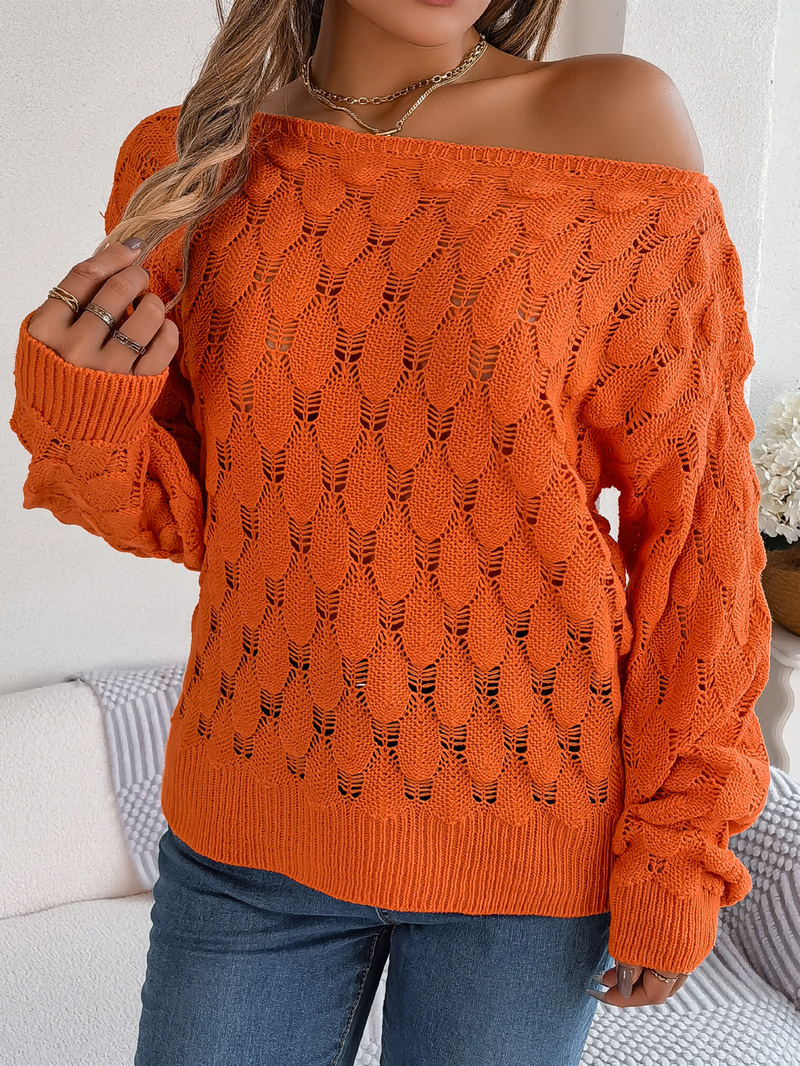 Dames verenpatroon uitgeholde gebreide trui met lange mouwen, ronde hals, off-shoulder, gehaakte trui, trui-tops_voghion.com