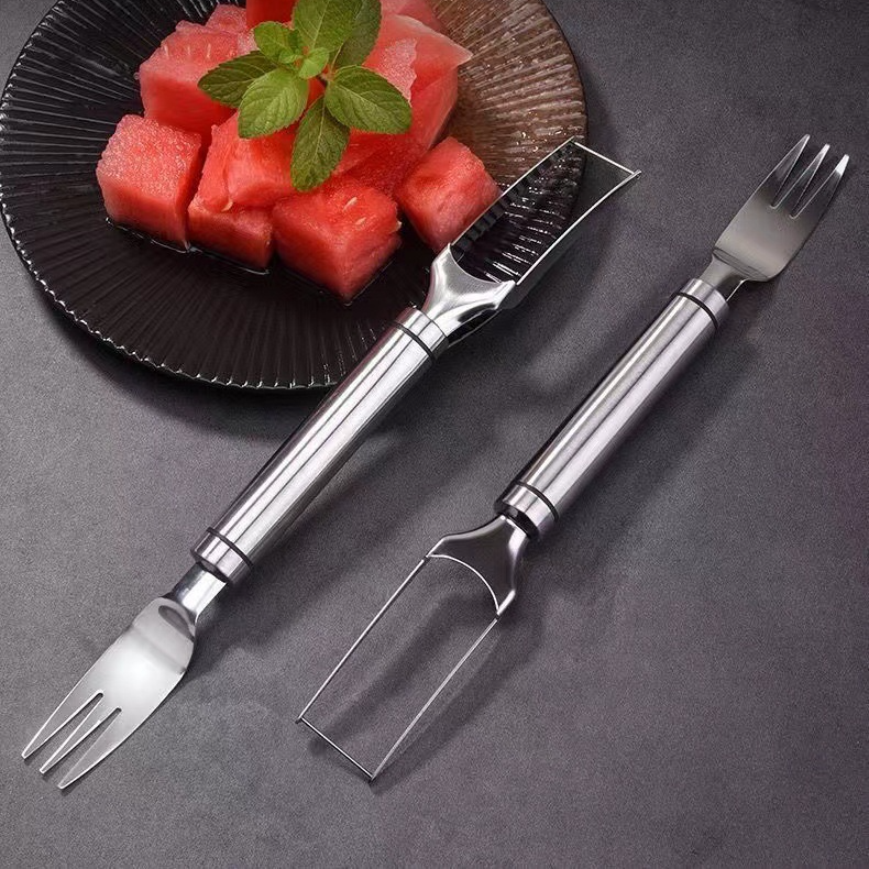 Edelstahl doppel kopf wassermelone schneider multi-zweck obst gabel haushalt obst splitter wassermelone schneider_voghion.com