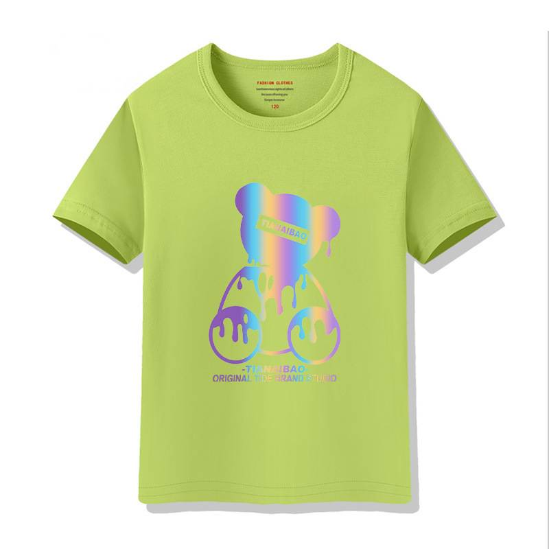 Παιδικά ρούχα για αγόρια κοντομάνικο μπλουζάκι 2024 νέο παιδικό καρτούν καλοκαιρινό αντανακλαστικό αρκουδάκι παιδικά ρούχα από καθαρό βαμβάκι εκτύπωση με στρογγυλή λαιμόκοψη_voghion.com