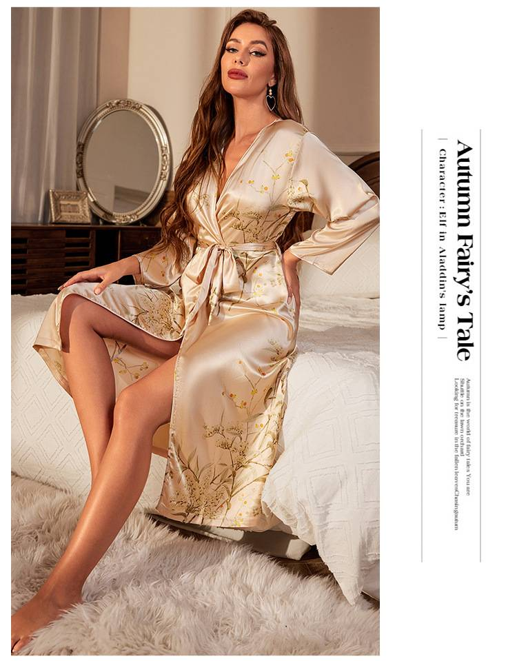 Bedrukt nachthemd met lange mouwen, sexy nachthemd voor dames met stropdas, eenvoudige pyjama in vest-stijl, badjas van ijszijde._voghion.com